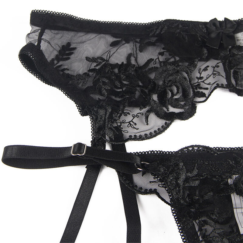 SUBBLIME - CONJUNTO DE 3 PEÇAS SUTI + TANGA + LIGA ESTAMPADO FLORAL PRETO S/M