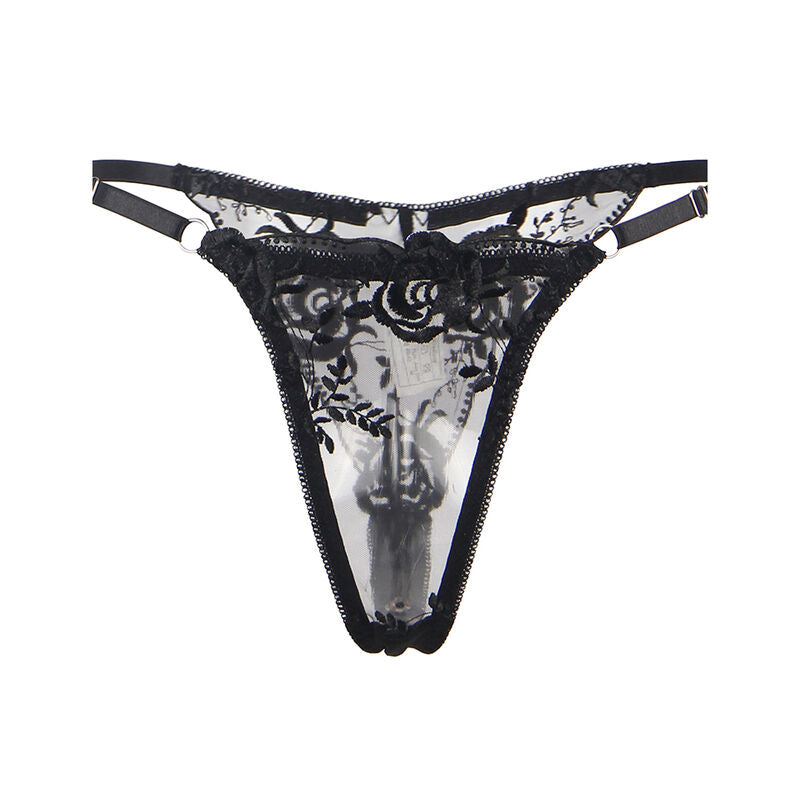 SUBBLIME - CONJUNTO DE 3 PEÇAS SUTI + TANGA + LIGA ESTAMPADO FLORAL PRETO S/M