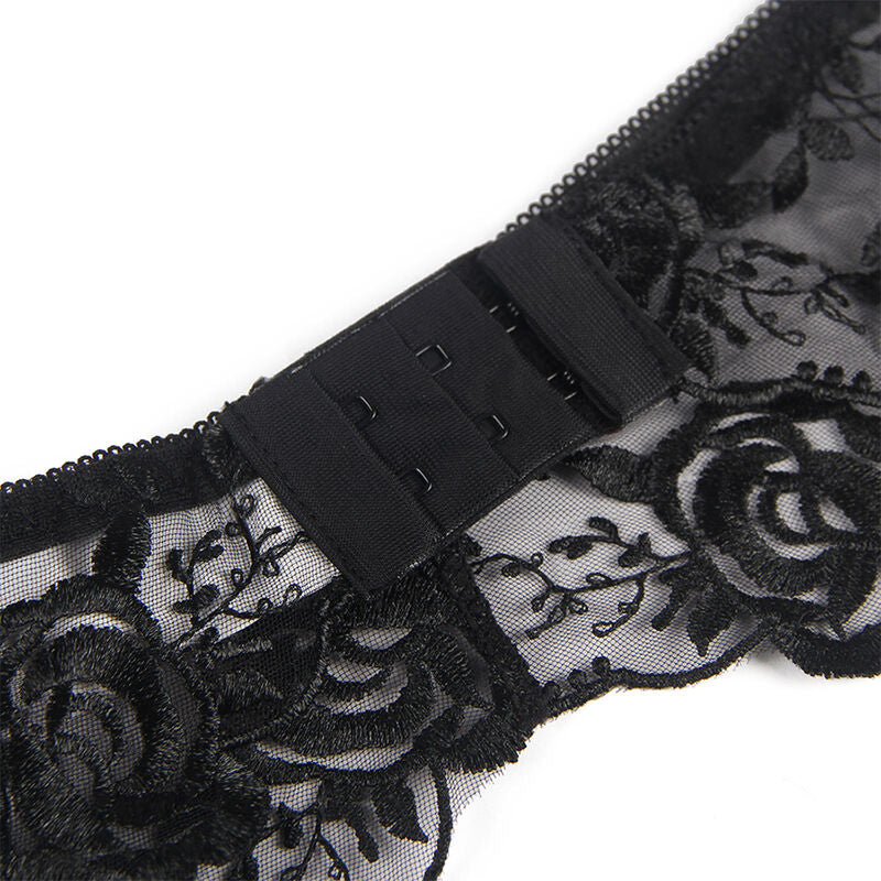 SUBBLIME - CONJUNTO DE 3 PEÇAS SUTI + TANGA + LIGA ESTAMPADO FLORAL PRETO S/M