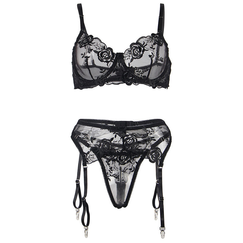 SUBBLIME - CONJUNTO DE 3 PEÇAS SUTI + TANGA + LIGA ESTAMPADO FLORAL PRETO S/M