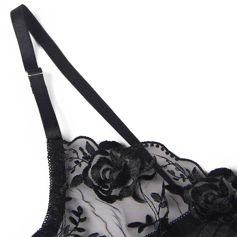 SUBBLIME - CONJUNTO DE 3 PEÇAS SUTI + TANGA + LIGA ESTAMPADO FLORAL PRETO S/M