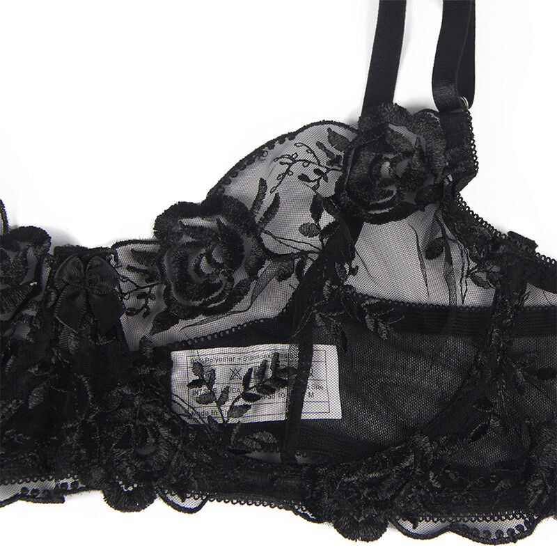 SUBBLIME - CONJUNTO DE 3 PEÇAS SUTI + TANGA + LIGA ESTAMPADO FLORAL PRETO S/M