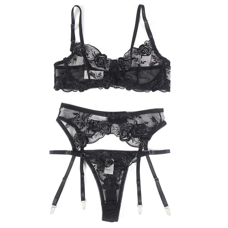 SUBBLIME - CONJUNTO DE 3 PEÇAS SUTI + TANGA + LIGA ESTAMPADO FLORAL PRETO S/M