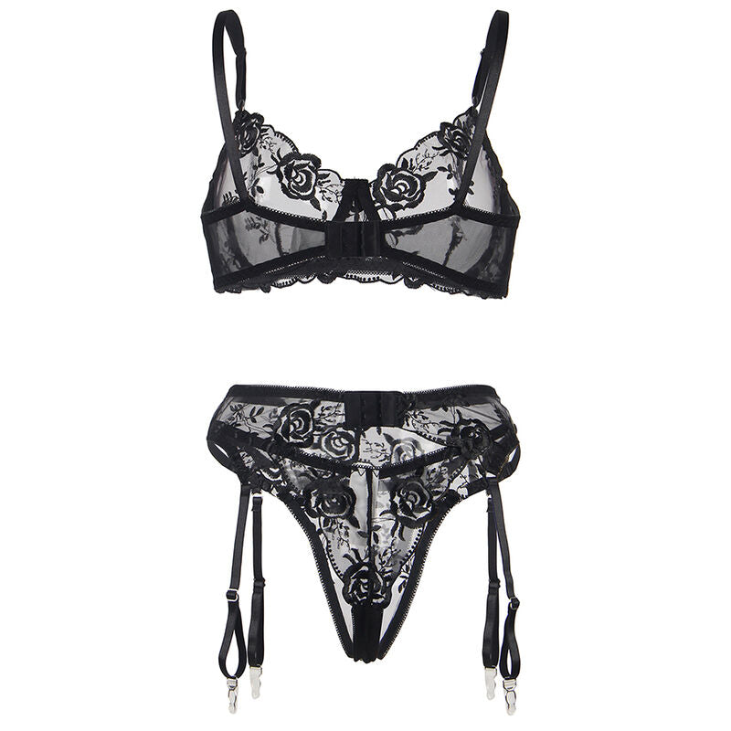 SUBBLIME - CONJUNTO DE 3 PEÇAS SUTI + TANGA + LIGA ESTAMPADO FLORAL PRETO S/M