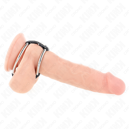 KINK - ANEL DE PÊNIS DUPLO DE METAL DE 3,8 CM A 5 CM CONECTADO COM COURO