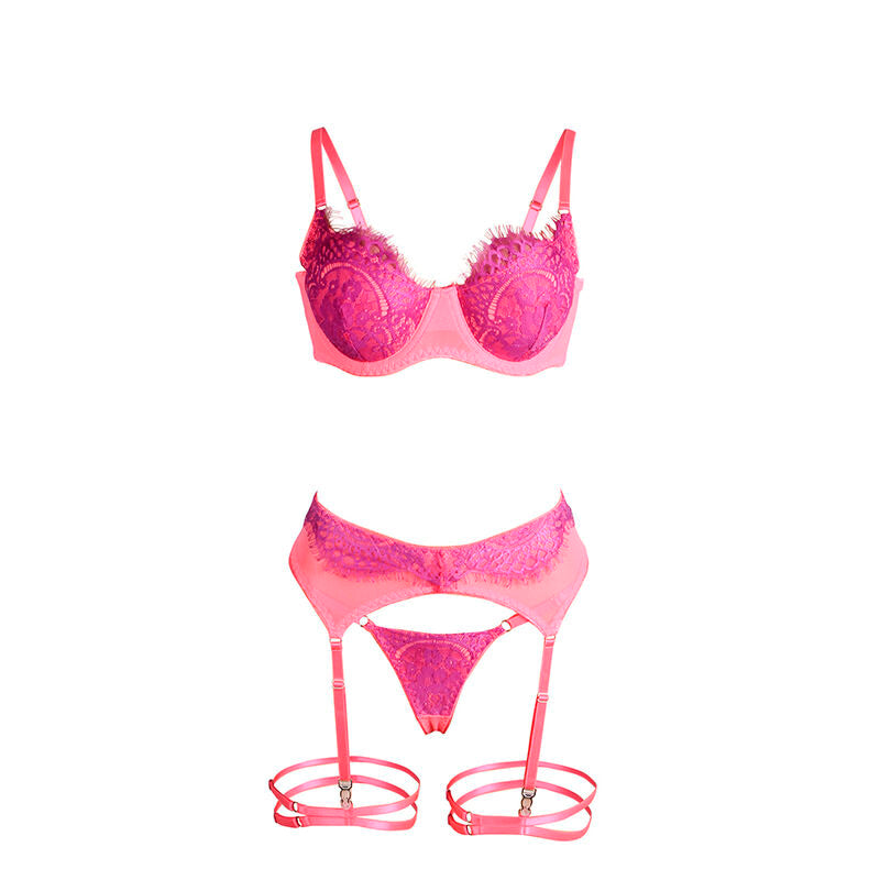 SUBBLIME - 955366 CONJUNTO DE SUTIÃ COM RENDA E LIGAS ROSA E ROXO L/XL