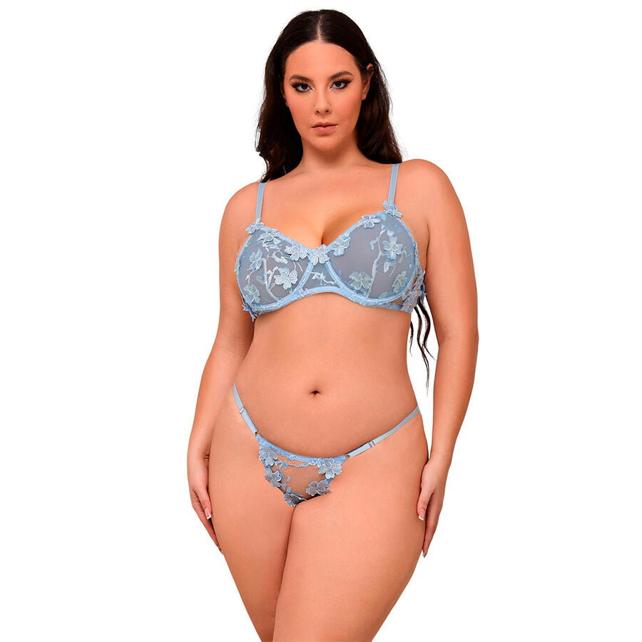 SUBBLIME - 957629 CONJUNTO DE SUTIÃ E CALCINHA BORDADOS COM FLORES AZUL CELESTE S/M