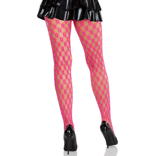 LEG AVENUE - MEIA-CALÇA DE RENDA COM ILHÓS ROSA NEON