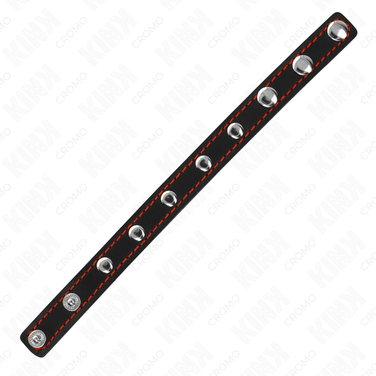 KINK - ANEL DE COURO PARA PÊNIS COM FECHO DE PRESSÃO FORRO VERMELHO 21 X 1,5 CM